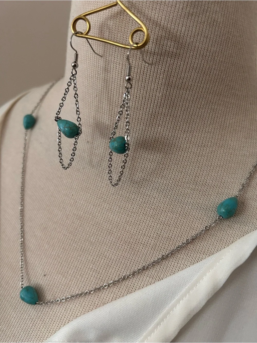 Howlite Genuine Gemstone Chain Necklace & Earrings Set - Stainless Steel